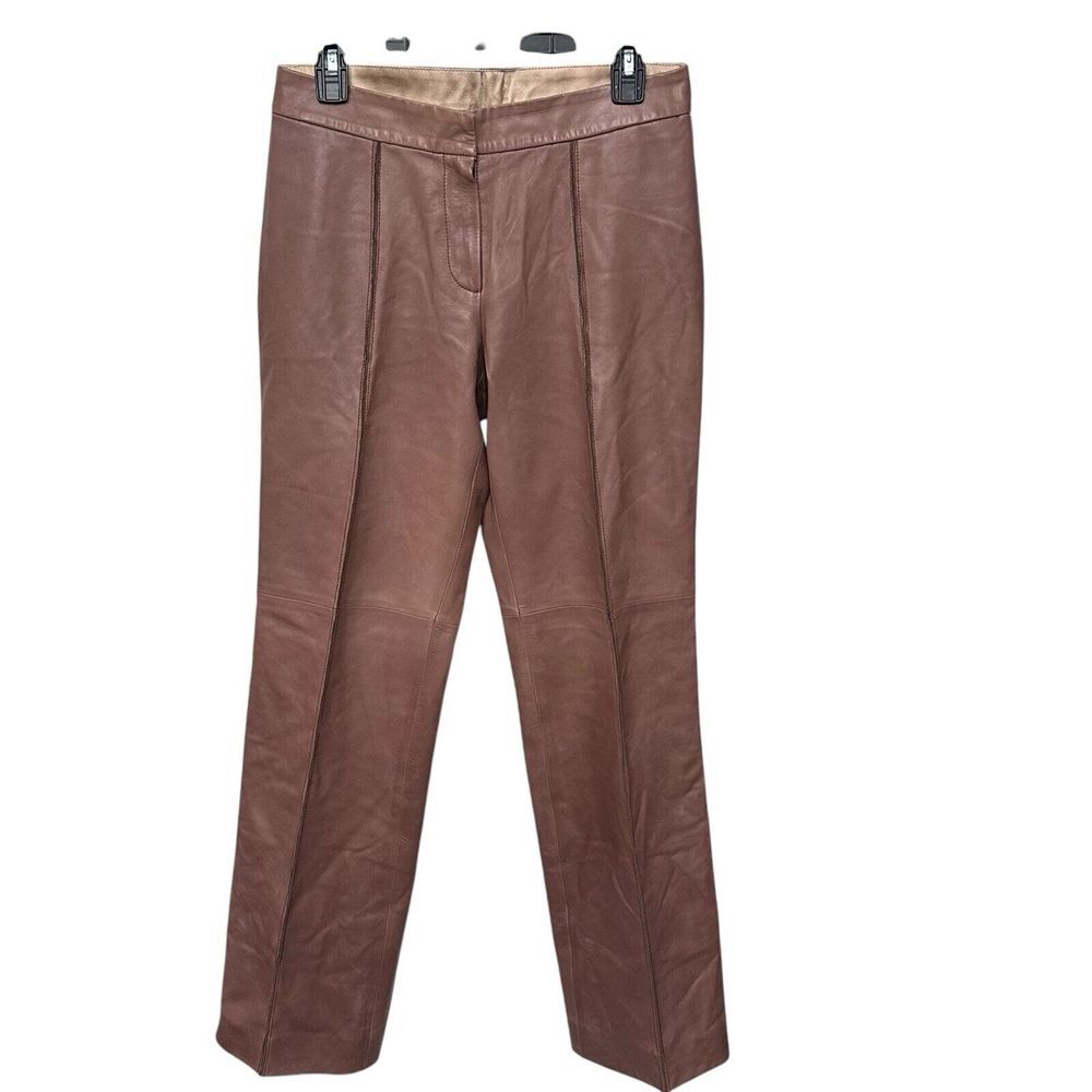 St John Collection Women's Size 8 Brown‎ Lamb Leather Silk Lined Pants Mid Rise